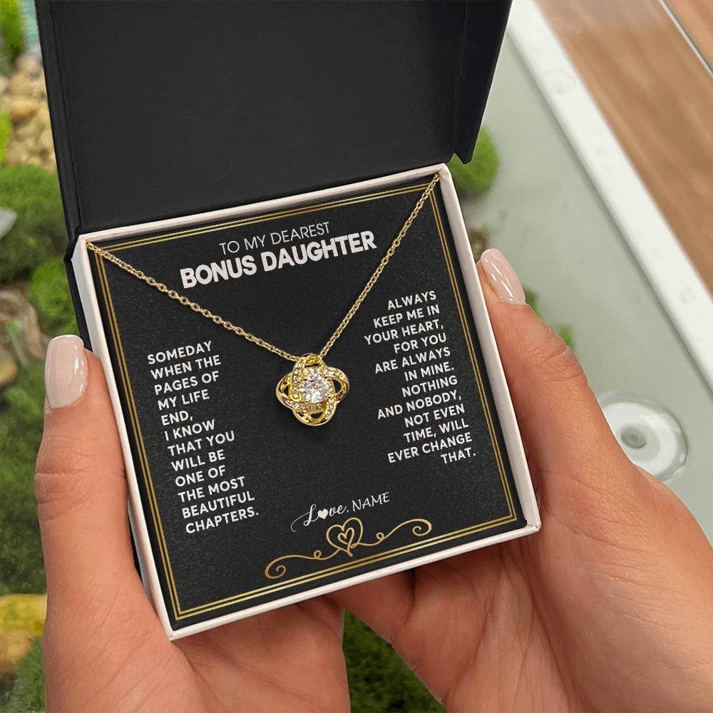 Love Knot Necklace 18K Yellow Gold Finish | 2 | Personalized To My Bonus Daughter Necklace From Step Mother When The Pages Of My Life End Stepdaughter Birthday Christmas Customized Gift Box Message Card | teecentury