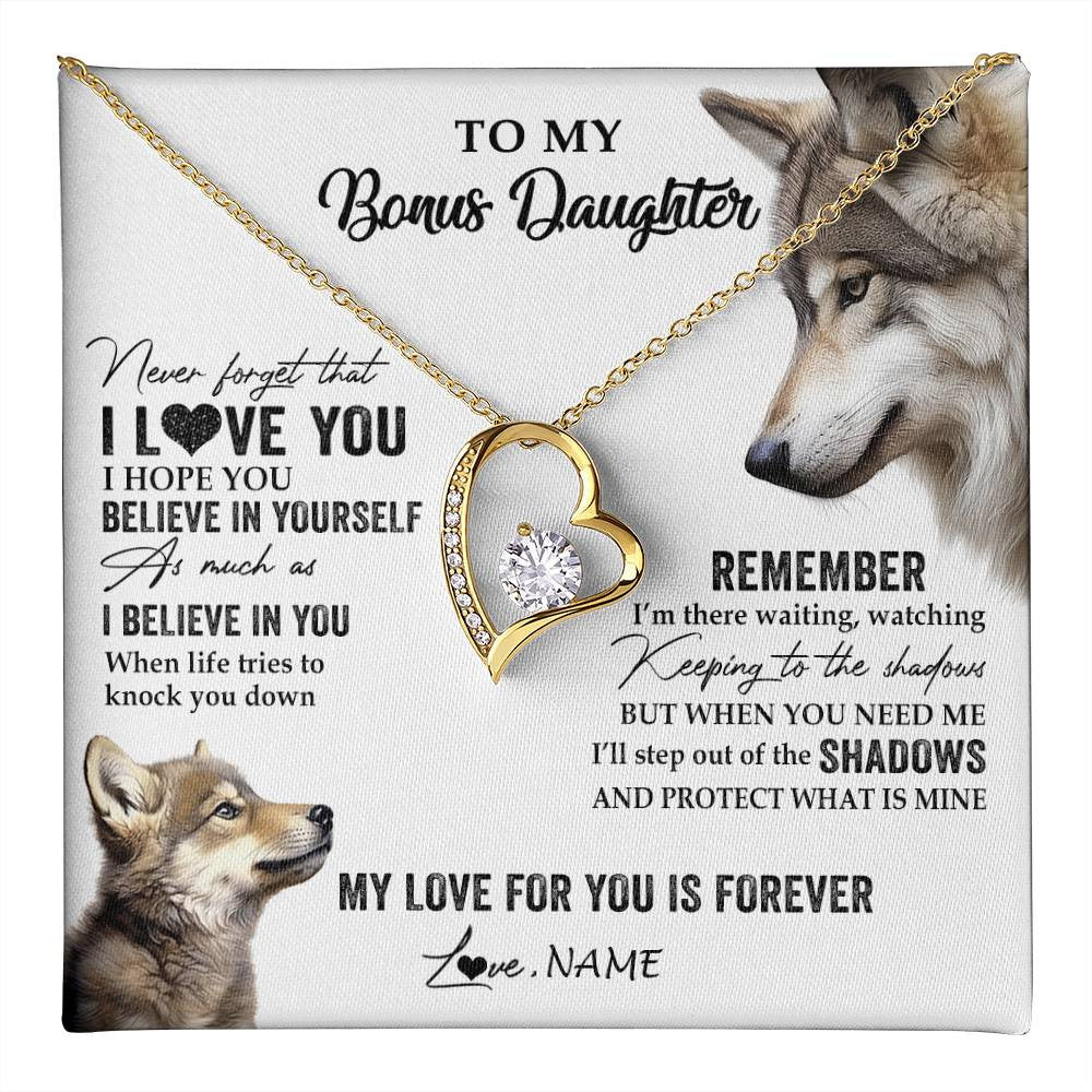 Forever Love Necklace 18K Yellow Gold Finish | 1 | Personalized To My Bonus Daughter Necklace From Step Mother Wolf My Love For You Is Forever Stepdaughter Birthday Christmas Customized Gift Box Message Card | teecentury
