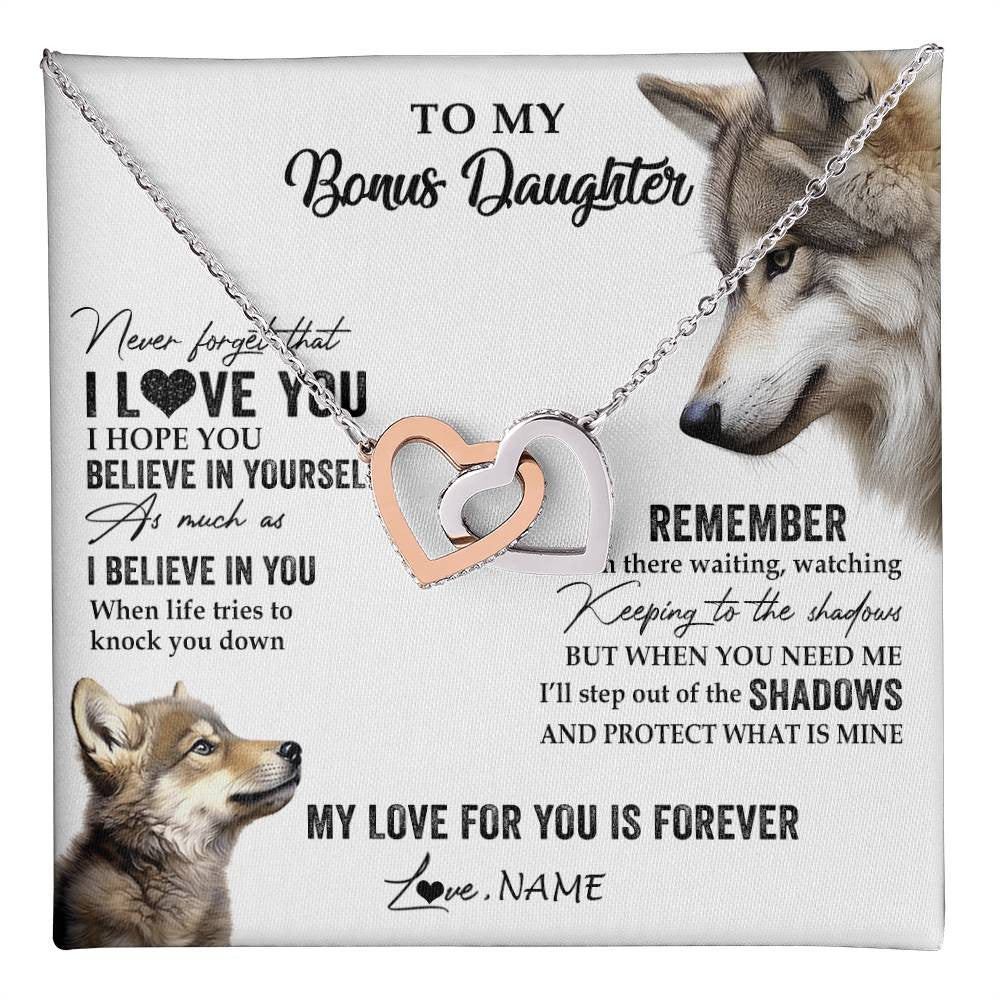 Interlocking Hearts Necklace Stainless Steel & Rose Gold Finish | 1 | Personalized To My Bonus Daughter Necklace From Step Mother Wolf My Love For You Is Forever Stepdaughter Birthday Christmas Customized Gift Box Message Card | teecentury