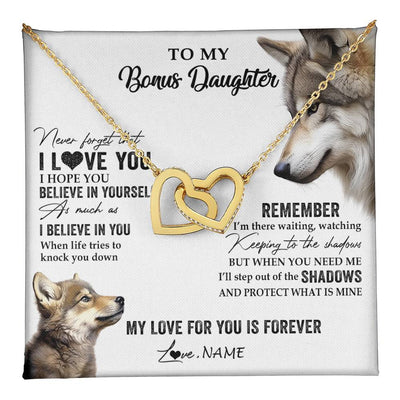 Interlocking Hearts Necklace 18K Yellow Gold Finish | 1 | Personalized To My Bonus Daughter Necklace From Step Mother Wolf My Love For You Is Forever Stepdaughter Birthday Christmas Customized Gift Box Message Card | teecentury