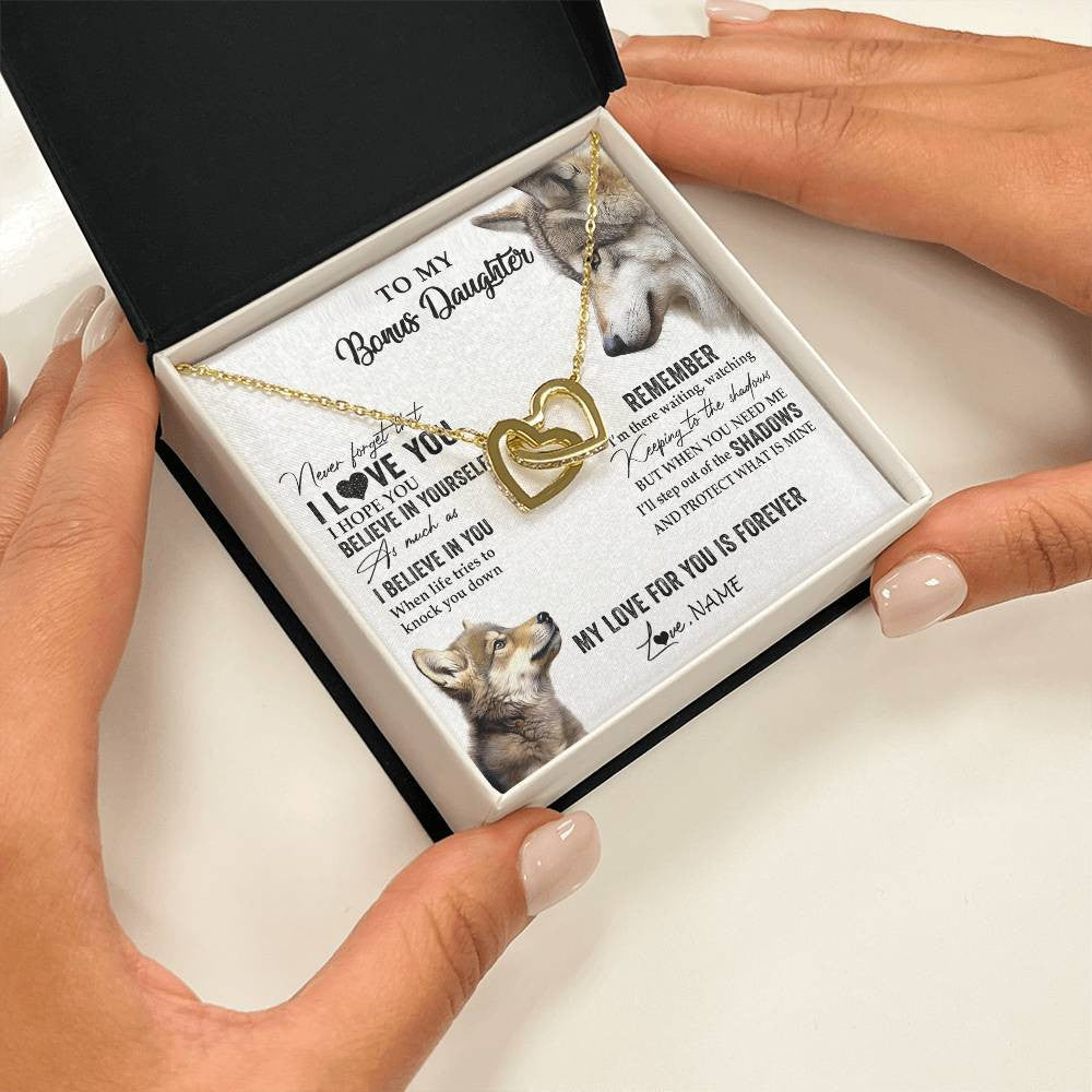 Interlocking Hearts Necklace 18K Yellow Gold Finish | 2 | Personalized To My Bonus Daughter Necklace From Step Mother Wolf My Love For You Is Forever Stepdaughter Birthday Christmas Customized Gift Box Message Card | teecentury