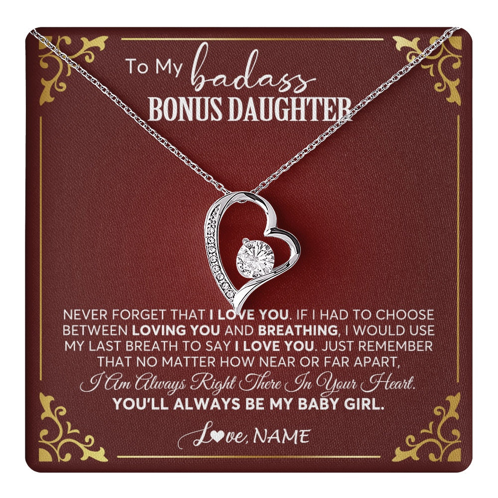 Forever Love Necklace 14K White Gold Finish | 1 | Personalized To My Bonus Daughter Necklace From Step Mother You'll Always Be My Stepdaughter Birthday Christmas Customized Gift Box Message Card | teecentury.myshopify