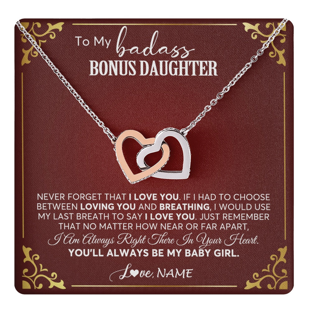 Interlocking Hearts Necklace Stainless Steel & Rose Gold Finish | 1 | Personalized To My Bonus Daughter Necklace From Step Mother You'll Always Be My Stepdaughter Birthday Christmas Customized Gift Box Message Card | teecentury.myshopify