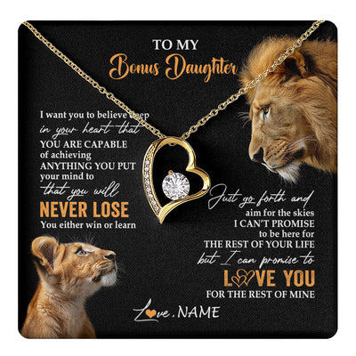 Forever Love Necklace 18K Yellow Gold Finish | 1 | Personalized To My Bonus Daughter Necklace From Stepdad Dad You Will Never Lose Lion Stepdaughter Birthday Gifts Christmas Customized Gift Box Message Card | teecentury