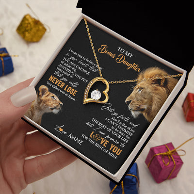 Forever Love Necklace 18K Yellow Gold Finish | 2 | Personalized To My Bonus Daughter Necklace From Stepdad Dad You Will Never Lose Lion Stepdaughter Birthday Gifts Christmas Customized Gift Box Message Card | teecentury