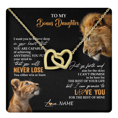 Interlocking Hearts Necklace 18K Yellow Gold Finish | 1 | Personalized To My Bonus Daughter Necklace From Stepdad Dad You Will Never Lose Lion Stepdaughter Birthday Gifts Christmas Customized Gift Box Message Card | teecentury