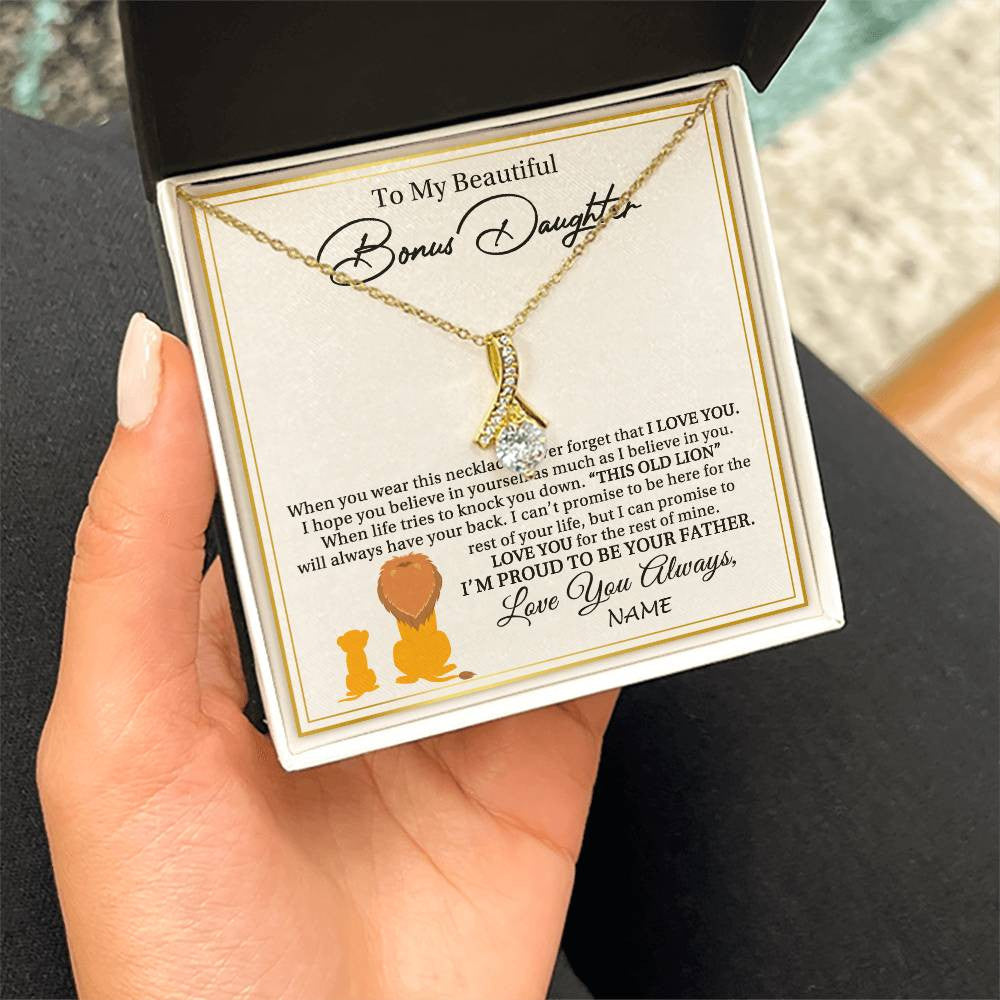 Alluring Beauty Necklace 18K Yellow Gold Finish | 2 | Personalized To My Bonus Daughter Necklace From Stepdad I'M Proud To Be Your Father Lion Stepdaughter Birthday Christmas Customized Gift Box Message Card | teecentury