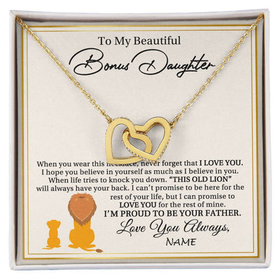Interlocking Hearts Necklace 18K Yellow Gold Finish | 1 | Personalized To My Bonus Daughter Necklace From Stepdad I'M Proud To Be Your Father Lion Stepdaughter Birthday Christmas Customized Gift Box Message Card | teecentury