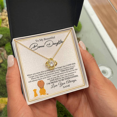 Love Knot Necklace 18K Yellow Gold Finish | 2 | Personalized To My Bonus Daughter Necklace From Stepdad I'M Proud To Be Your Father Lion Stepdaughter Birthday Christmas Customized Gift Box Message Card | teecentury