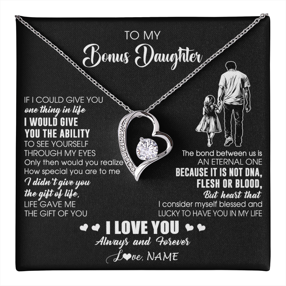 Forever Love Necklace 14K White Gold Finish | 1 | Personalized To My Bonus Daughter Necklace From Stepdad It Is Not DNA I Love You Birthday Gifts Meaningful Christmas Customized Gift Box Message Card | teecentury