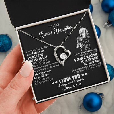 Forever Love Necklace 14K White Gold Finish | 2 | Personalized To My Bonus Daughter Necklace From Stepdad It Is Not DNA I Love You Birthday Gifts Meaningful Christmas Customized Gift Box Message Card | teecentury