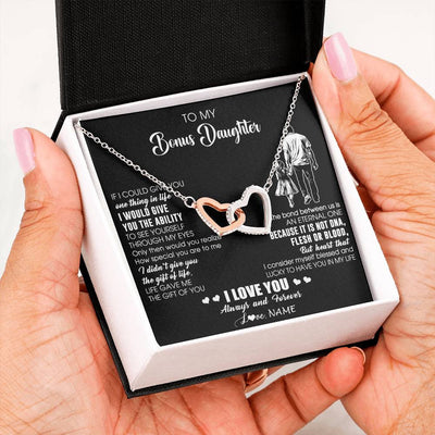Interlocking Hearts Necklace Stainless Steel & Rose Gold Finish | 2 | Personalized To My Bonus Daughter Necklace From Stepdad It Is Not DNA I Love You Birthday Gifts Meaningful Christmas Customized Gift Box Message Card | teecentury