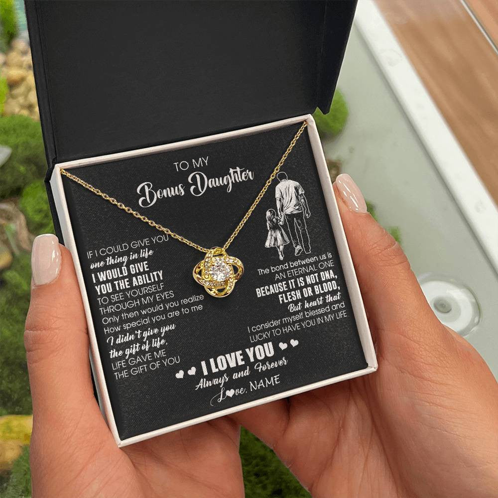 Love Knot Necklace 18K Yellow Gold Finish | 2 | Personalized To My Bonus Daughter Necklace From Stepdad It Is Not DNA I Love You Birthday Gifts Meaningful Christmas Customized Gift Box Message Card | teecentury