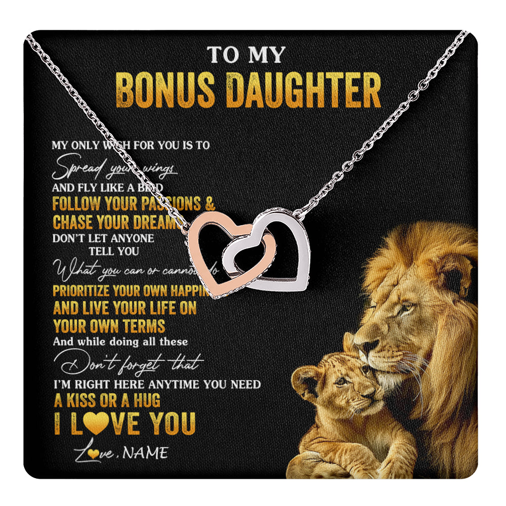Interlocking Hearts Necklace Stainless Steel & Rose Gold Finish | 1 | Personalized To My Bonus Daughter Necklace From Stepdad Lion My Only Wish For You Stepdaughter Birthday Graduation Christmas Customized Gift Box Message Card | teecentury