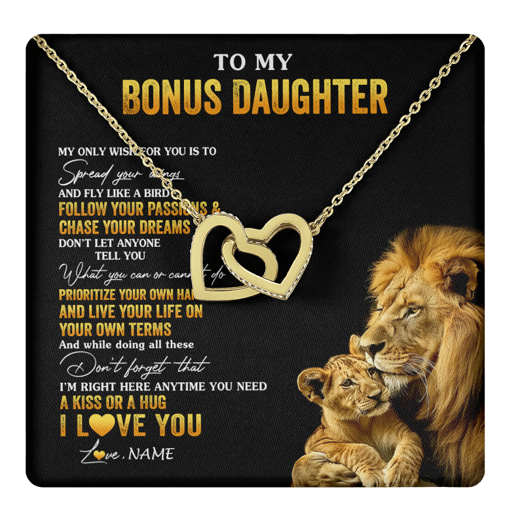 Interlocking Hearts Necklace 18K Yellow Gold Finish | 1 | Personalized To My Bonus Daughter Necklace From Stepdad Lion My Only Wish For You Stepdaughter Birthday Graduation Christmas Customized Gift Box Message Card | teecentury