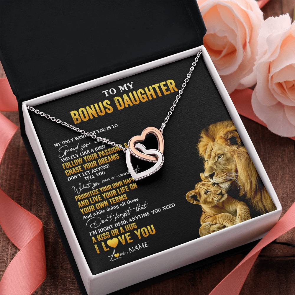 Interlocking Hearts Necklace Stainless Steel & Rose Gold Finish | 2 | Personalized To My Bonus Daughter Necklace From Stepdad Lion My Only Wish For You Stepdaughter Birthday Graduation Christmas Customized Gift Box Message Card | teecentury