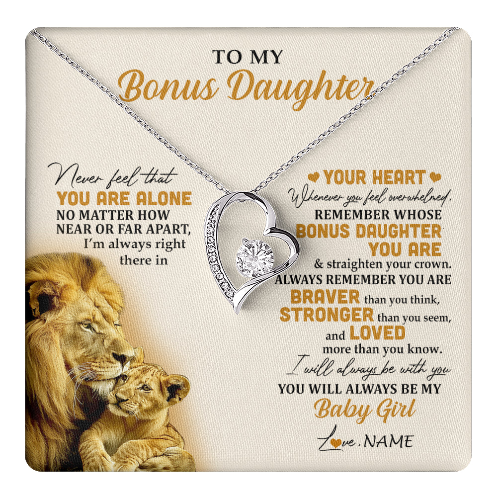 Forever Love Necklace 14K White Gold Finish | 1 | Personalized To My Bonus Daughter Necklace From Stepdad Lion Never Feel You Are Alone Great Stepdaughter Birthday Christmas Customized Gift Box Message Card | teecentury