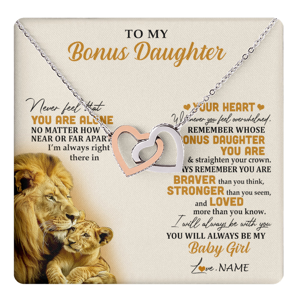 Interlocking Hearts Necklace Stainless Steel & Rose Gold Finish | 1 | Personalized To My Bonus Daughter Necklace From Stepdad Lion Never Feel You Are Alone Great Stepdaughter Birthday Christmas Customized Gift Box Message Card | teecentury