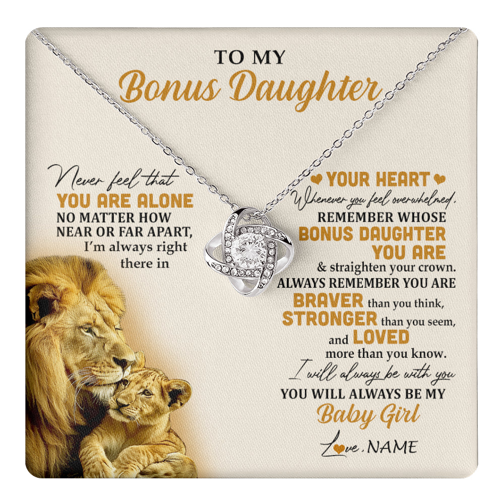 Love Knot Necklace 14K White Gold Finish | 1 | Personalized To My Bonus Daughter Necklace From Stepdad Lion Never Feel You Are Alone Great Stepdaughter Birthday Christmas Customized Gift Box Message Card | teecentury