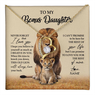 Forever Love Necklace 18K Yellow Gold Finish | 1 | Personalized To My Bonus Daughter Necklace From Stepdad Lion Never Forget That I Love You Stepdaughter Jewelry Birthday Christmas Customized Message Card | teecentury