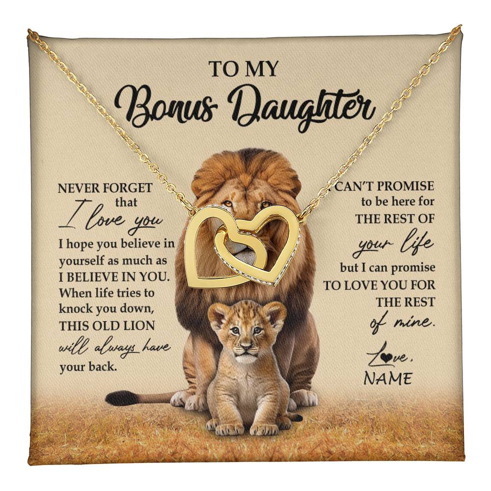 Interlocking Hearts Necklace 18K Yellow Gold Finish | 1 | Personalized To My Bonus Daughter Necklace From Stepdad Lion Never Forget That I Love You Stepdaughter Jewelry Birthday Christmas Customized Message Card | teecentury