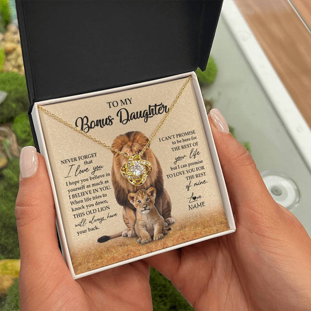 Love Knot Necklace 18K Yellow Gold Finish | 2 | Personalized To My Bonus Daughter Necklace From Stepdad Lion Never Forget That I Love You Stepdaughter Jewelry Birthday Christmas Customized Message Card | teecentury