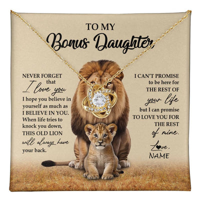 Love Knot Necklace 18K Yellow Gold Finish | 1 | Personalized To My Bonus Daughter Necklace From Stepdad Lion Never Forget That I Love You Stepdaughter Jewelry Birthday Christmas Customized Message Card | teecentury