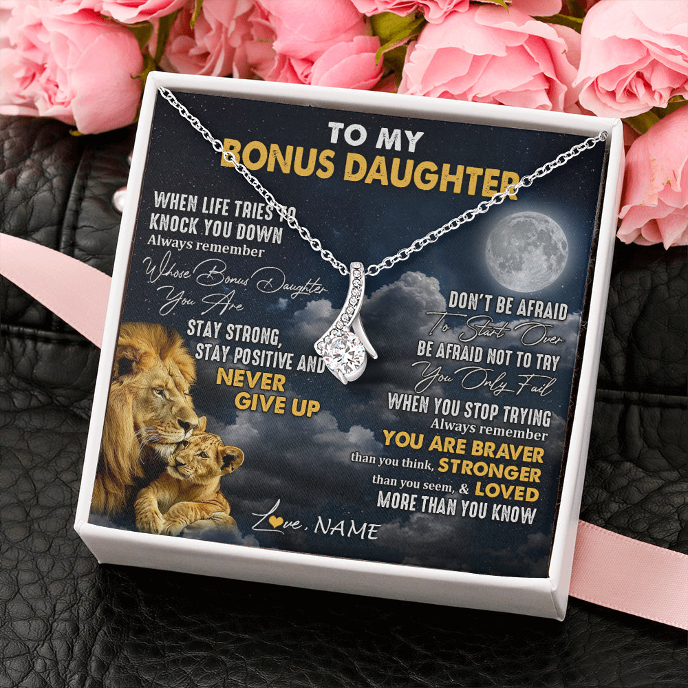 Alluring Beauty Necklace 14K White Gold Finish | 2 | Personalized To My Bonus Daughter Necklace From Stepdad Lion Never Give Up Stepdaughter Birthday Graduation Christmas Customized Gift Box Message Card | teecentury