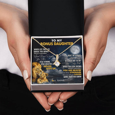 Alluring Beauty Necklace 18K Yellow Gold Finish | 2 | Personalized To My Bonus Daughter Necklace From Stepdad Lion Never Give Up Stepdaughter Birthday Graduation Christmas Customized Gift Box Message Card | teecentury