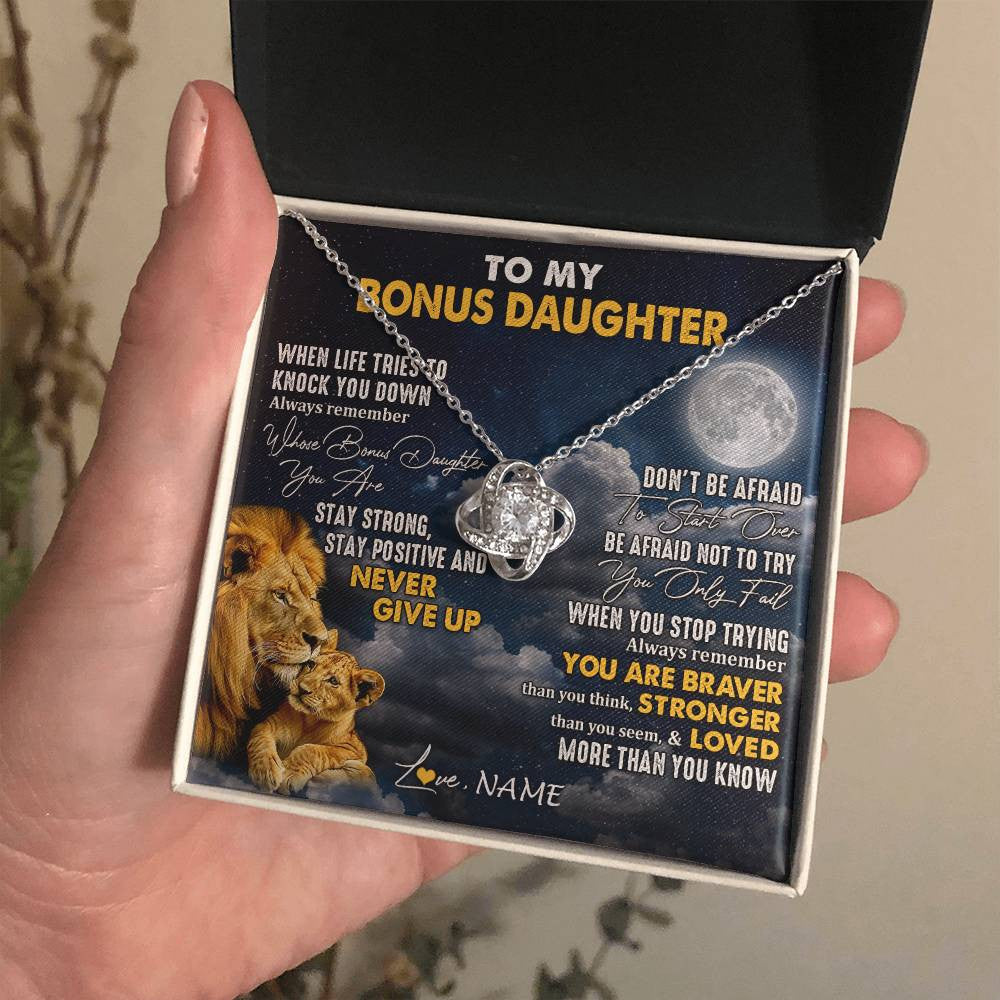 Love Knot Necklace 14K White Gold Finish | 2 | Personalized To My Bonus Daughter Necklace From Stepdad Lion Never Give Up Stepdaughter Birthday Graduation Christmas Customized Gift Box Message Card | teecentury