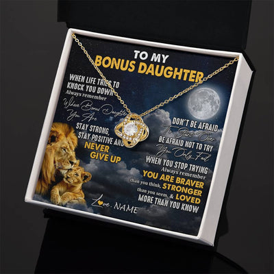 Love Knot Necklace 18K Yellow Gold Finish | 2 | Personalized To My Bonus Daughter Necklace From Stepdad Lion Never Give Up Stepdaughter Birthday Graduation Christmas Customized Gift Box Message Card | teecentury