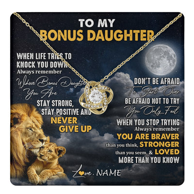 Love Knot Necklace 18K Yellow Gold Finish | 1 | Personalized To My Bonus Daughter Necklace From Stepdad Lion Never Give Up Stepdaughter Birthday Graduation Christmas Customized Gift Box Message Card | teecentury