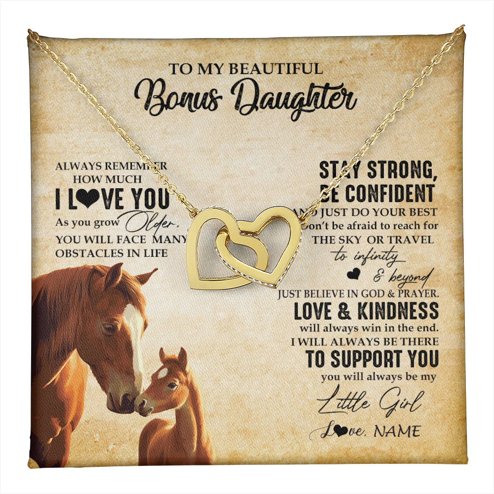 Interlocking Hearts Necklace 18K Yellow Gold Finish | 1 | Personalized To My Bonus Daughter Necklace From Stepdad Mom Always Remember I Love You Horse Stepddaughter Birthday Christmas Customized Gift Box Message Card | teecentury