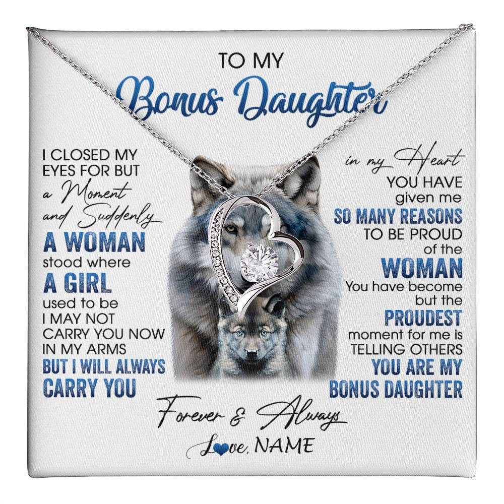 Forever Love Necklace 14K White Gold Finish | 1 | Personalized To My Bonus Daughter Necklace From Stepdad Mom I Close My Eyes For But A Moment Wolf Birthday Gifts Christmas Customized Gift Box Message Card | teecentury