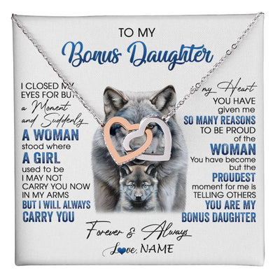 Interlocking Hearts Necklace Stainless Steel & Rose Gold Finish | 1 | Personalized To My Bonus Daughter Necklace From Stepdad Mom I Close My Eyes For But A Moment Wolf Birthday Gifts Christmas Customized Gift Box Message Card | teecentury