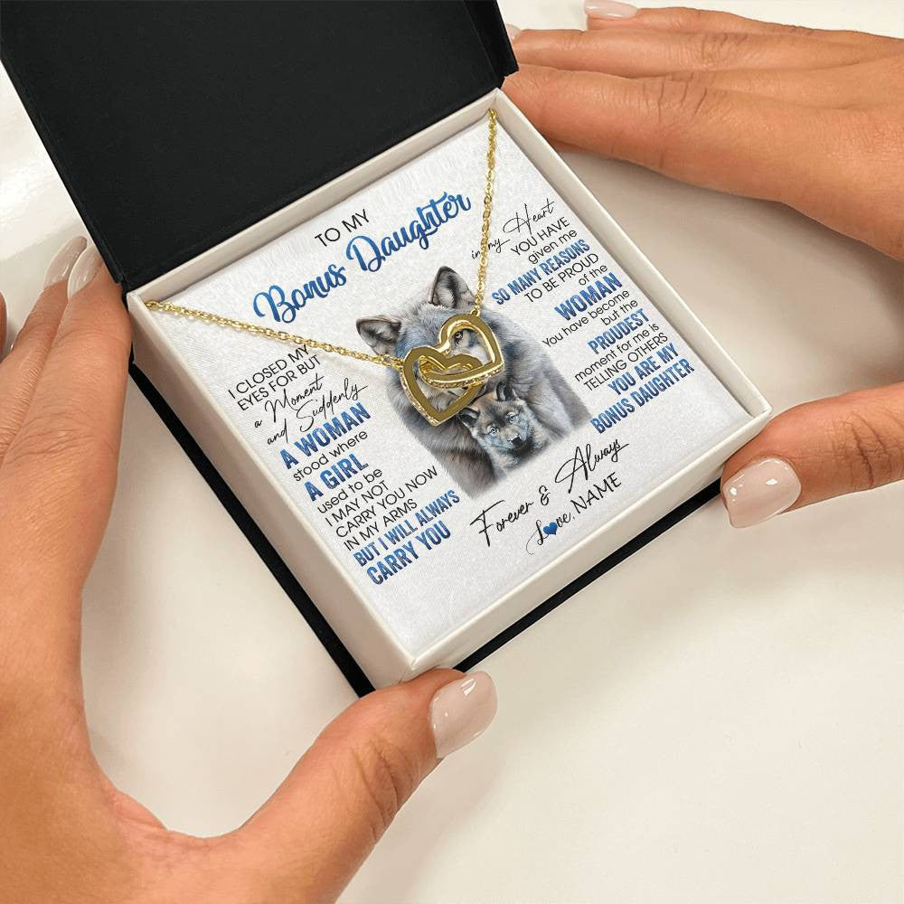 Interlocking Hearts Necklace 18K Yellow Gold Finish | 2 | Personalized To My Bonus Daughter Necklace From Stepdad Mom I Close My Eyes For But A Moment Wolf Birthday Gifts Christmas Customized Gift Box Message Card | teecentury