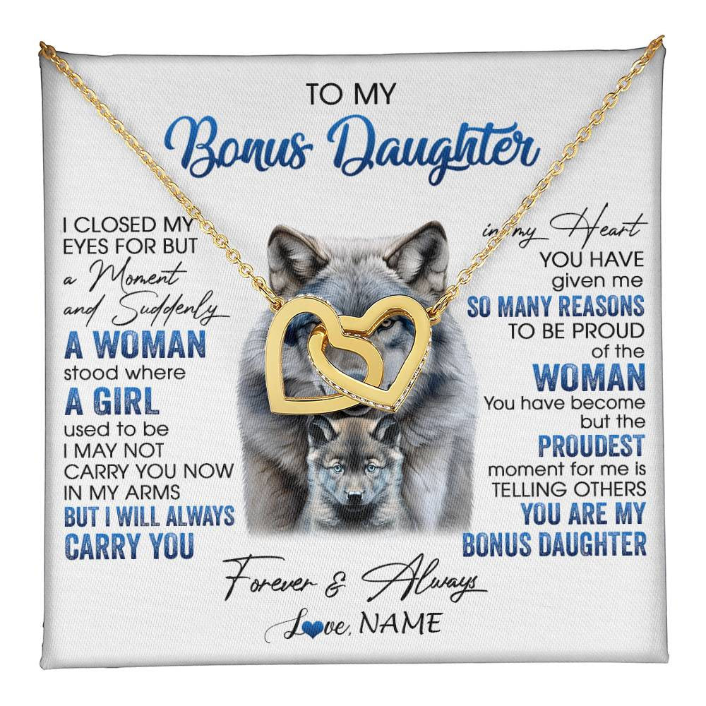 Interlocking Hearts Necklace 18K Yellow Gold Finish | 1 | Personalized To My Bonus Daughter Necklace From Stepdad Mom I Close My Eyes For But A Moment Wolf Birthday Gifts Christmas Customized Gift Box Message Card | teecentury