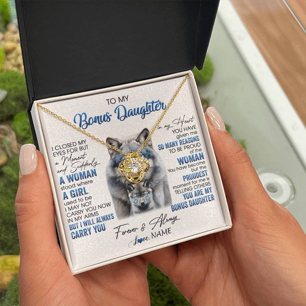 Love Knot Necklace 18K Yellow Gold Finish | 2 | Personalized To My Bonus Daughter Necklace From Stepdad Mom I Close My Eyes For But A Moment Wolf Birthday Gifts Christmas Customized Gift Box Message Card | teecentury