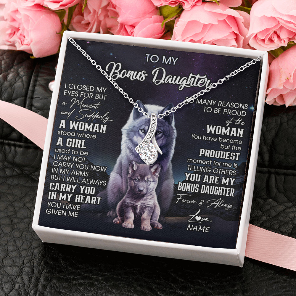 Alluring Beauty Necklace 14K White Gold Finish | 2 | Personalized To My Bonus Daughter Necklace From Stepdad Mom I Close My Eyes Wolf Birthday Gifts Jewelry Graduation Christmas Customized Gift Box Message Card | teecentury