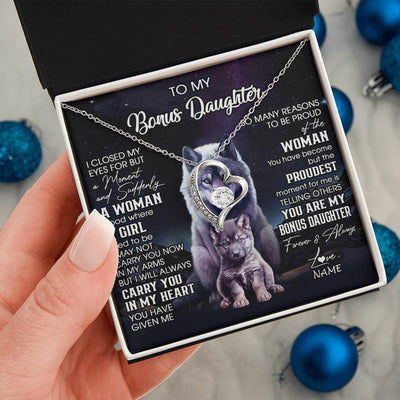 Forever Love Necklace 14K White Gold Finish | 2 | Personalized To My Bonus Daughter Necklace From Stepdad Mom I Close My Eyes Wolf Birthday Gifts Jewelry Graduation Christmas Customized Gift Box Message Card | teecentury