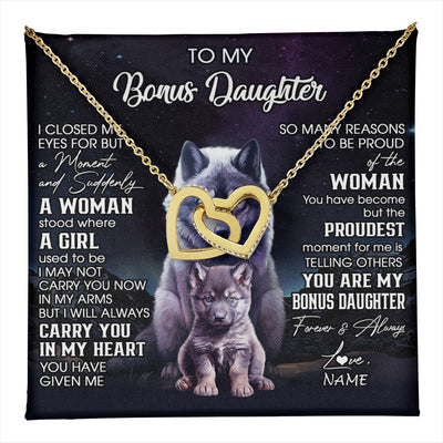 Interlocking Hearts Necklace 18K Yellow Gold Finish | 1 | Personalized To My Bonus Daughter Necklace From Stepdad Mom I Close My Eyes Wolf Birthday Gifts Jewelry Graduation Christmas Customized Gift Box Message Card | teecentury