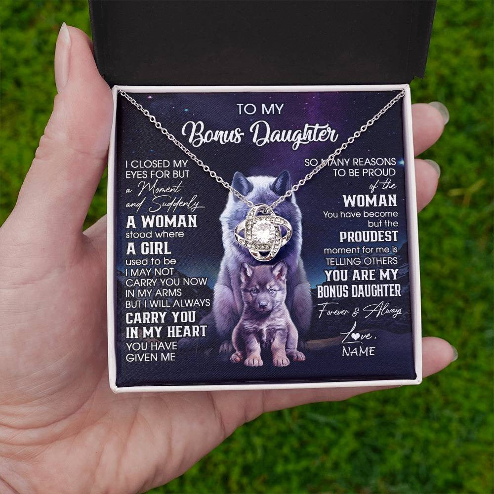 Love Knot Necklace 14K White Gold Finish | 2 | Personalized To My Bonus Daughter Necklace From Stepdad Mom I Close My Eyes Wolf Birthday Gifts Jewelry Graduation Christmas Customized Gift Box Message Card | teecentury