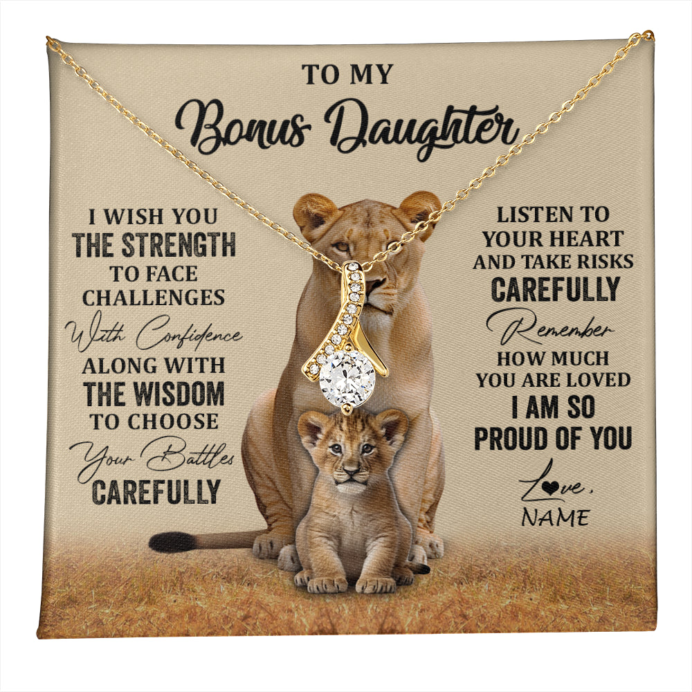 Alluring Beauty Necklace 18K Yellow Gold Finish | 1 | Personalized To My Bonus Daughter Necklace From Stepdad Mom I Wish You The Strength Lion Stepddaughter Birthday Christmas Customized Gift Box Message Card | teecentury