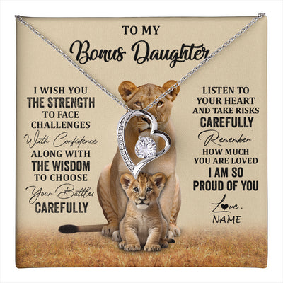 Forever Love Necklace 14K White Gold Finish | 1 | Personalized To My Bonus Daughter Necklace From Stepdad Mom I Wish You The Strength Lion Stepddaughter Birthday Christmas Customized Gift Box Message Card | teecentury