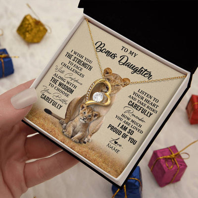 Forever Love Necklace 18K Yellow Gold Finish | 2 | Personalized To My Bonus Daughter Necklace From Stepdad Mom I Wish You The Strength Lion Stepddaughter Birthday Christmas Customized Gift Box Message Card | teecentury