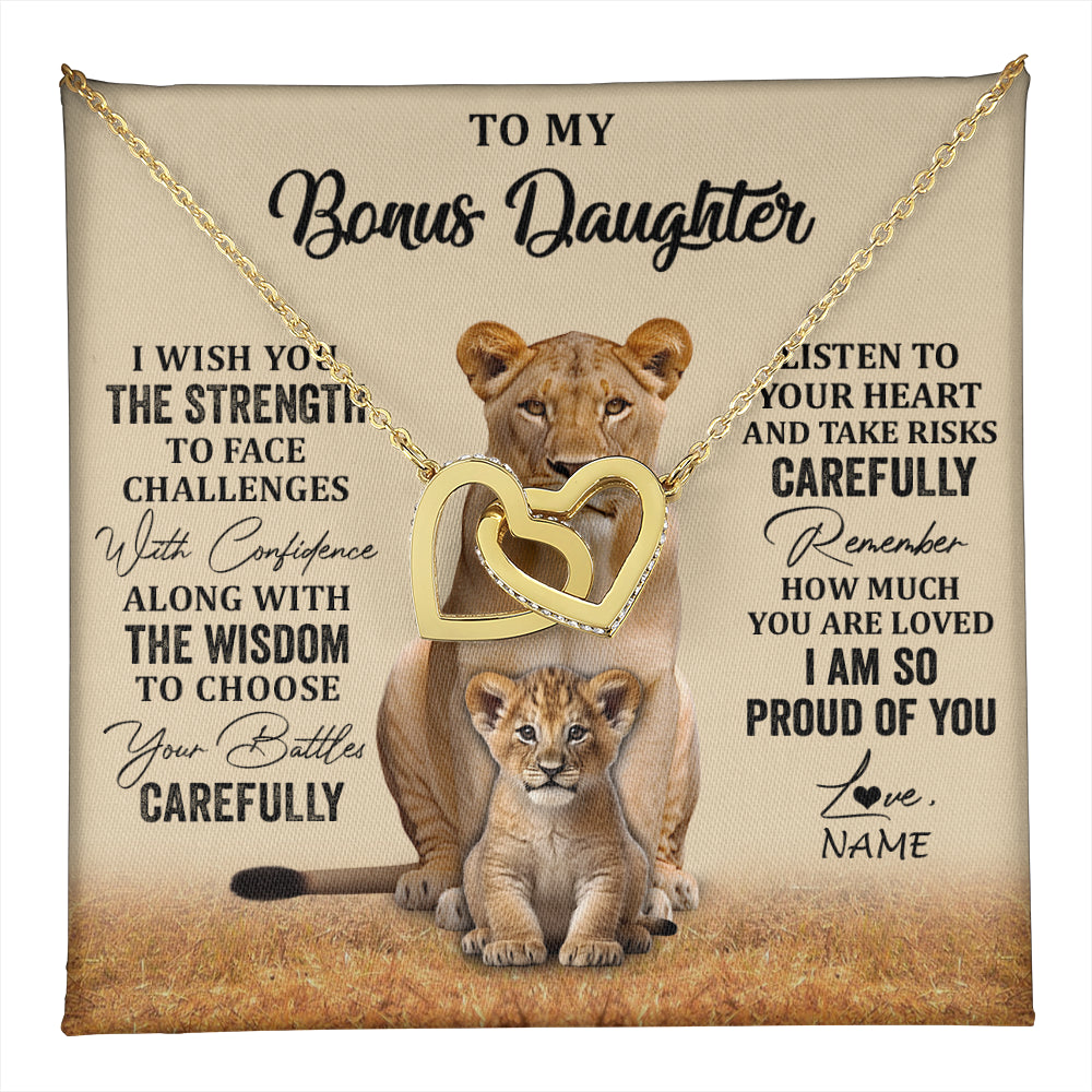 Interlocking Hearts Necklace 18K Yellow Gold Finish | 1 | Personalized To My Bonus Daughter Necklace From Stepdad Mom I Wish You The Strength Lion Stepddaughter Birthday Christmas Customized Gift Box Message Card | teecentury