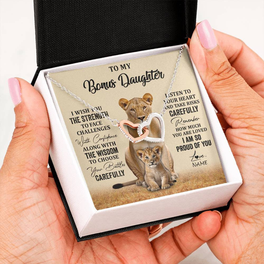 Interlocking Hearts Necklace Stainless Steel & Rose Gold Finish | 2 | Personalized To My Bonus Daughter Necklace From Stepdad Mom I Wish You The Strength Lion Stepddaughter Birthday Christmas Customized Gift Box Message Card | teecentury