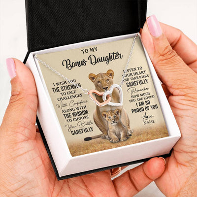 Interlocking Hearts Necklace Stainless Steel & Rose Gold Finish | 2 | Personalized To My Bonus Daughter Necklace From Stepdad Mom I Wish You The Strength Lion Stepddaughter Birthday Christmas Customized Gift Box Message Card | teecentury