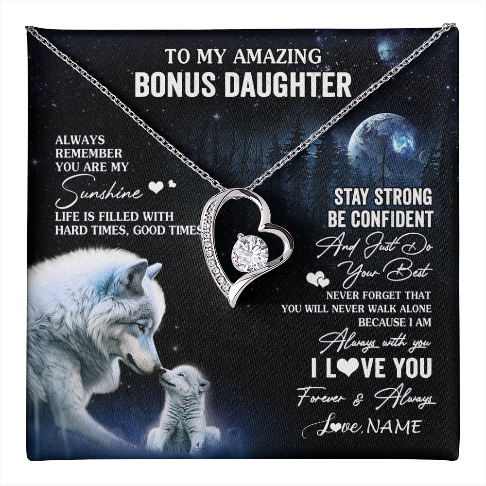 Forever Love Necklace 14K White Gold Finish | 1 | Personalized To My Bonus Daughter Necklace From Stepdad Mom Moon Wolf Stepddaughter Birthday Gifts Jewelry Christmas Customized Gift Box Message Card | teecentury