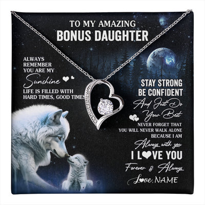 Forever Love Necklace 14K White Gold Finish | 1 | Personalized To My Bonus Daughter Necklace From Stepdad Mom Moon Wolf Stepddaughter Birthday Gifts Jewelry Christmas Customized Gift Box Message Card | teecentury